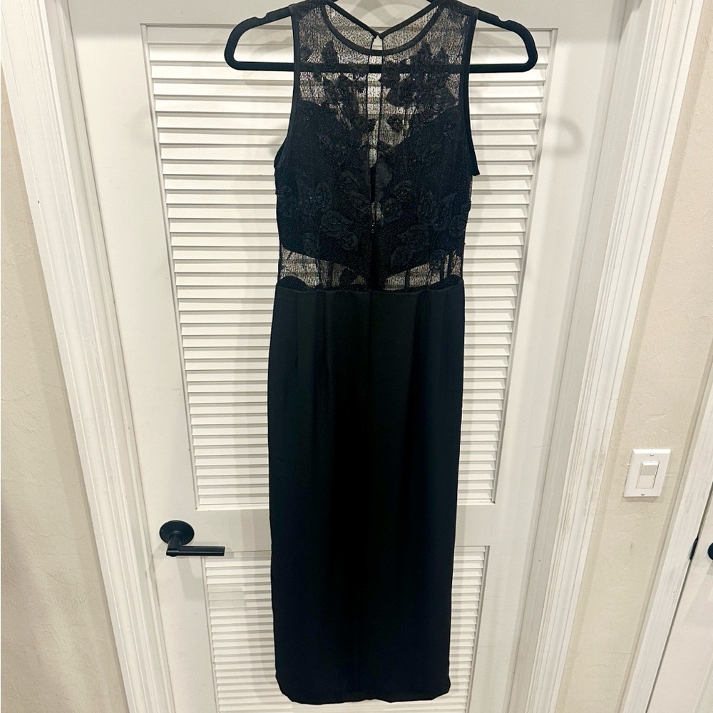 Black Cocktail Dress Partially Sheer Sequin Beaded Top Size 6 Vintage Reggio